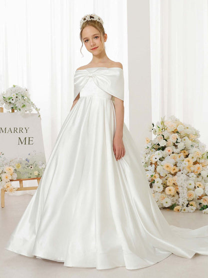 Empire Satin Short Sleeves Off-the-shoulder Floor-Length Flower Girl Dresses