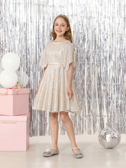 A-Line/Princess Sequin Half Sleeves Scoop Neck Mini Flower Girl Dresses
