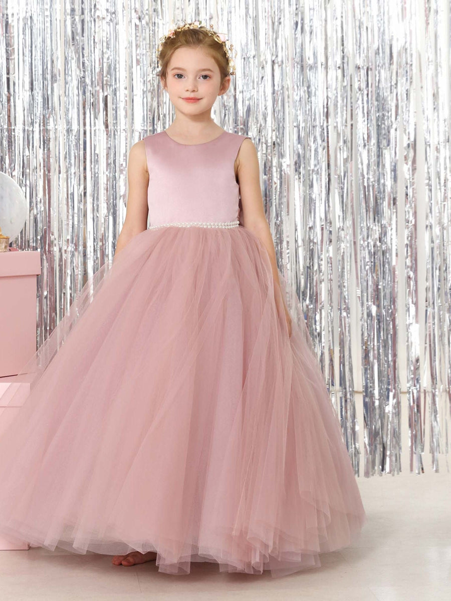 Ball-Gown Tulle Satin Sleeveless Scoop Neck Floor-Length Flower Girl Dresses