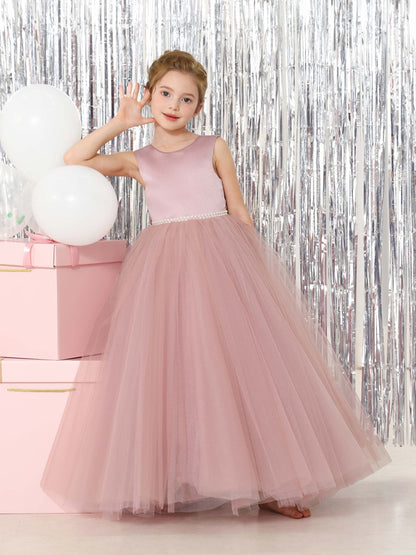 Ball-Gown Tulle Satin Sleeveless Scoop Neck Floor-Length Flower Girl Dresses