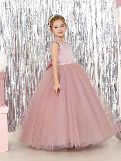Ball-Gown Tulle Satin Sleeveless Scoop Neck Floor-Length Flower Girl Dresses
