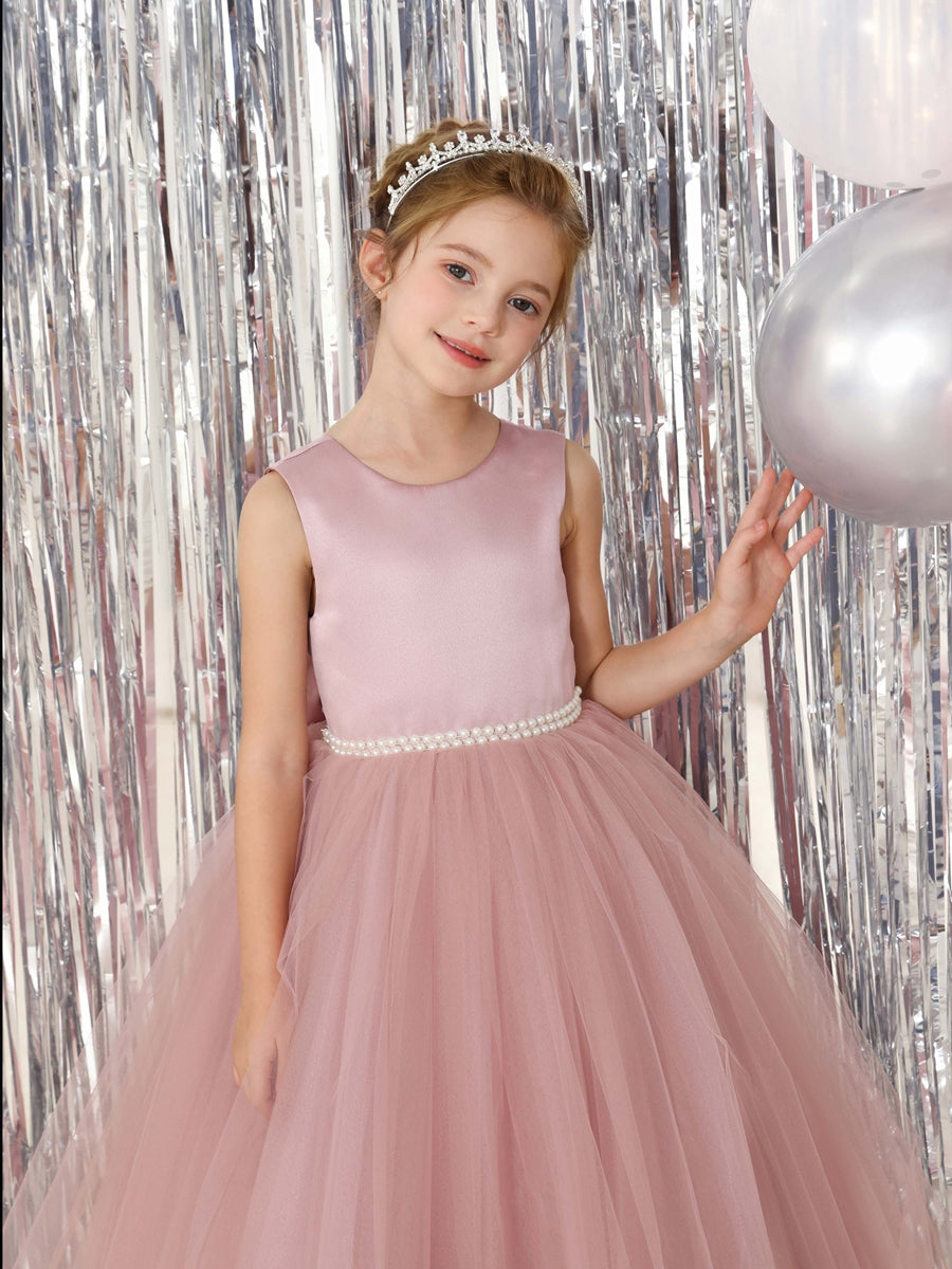 Ball-Gown Tulle Satin Sleeveless Scoop Neck Floor-Length Flower Girl Dresses