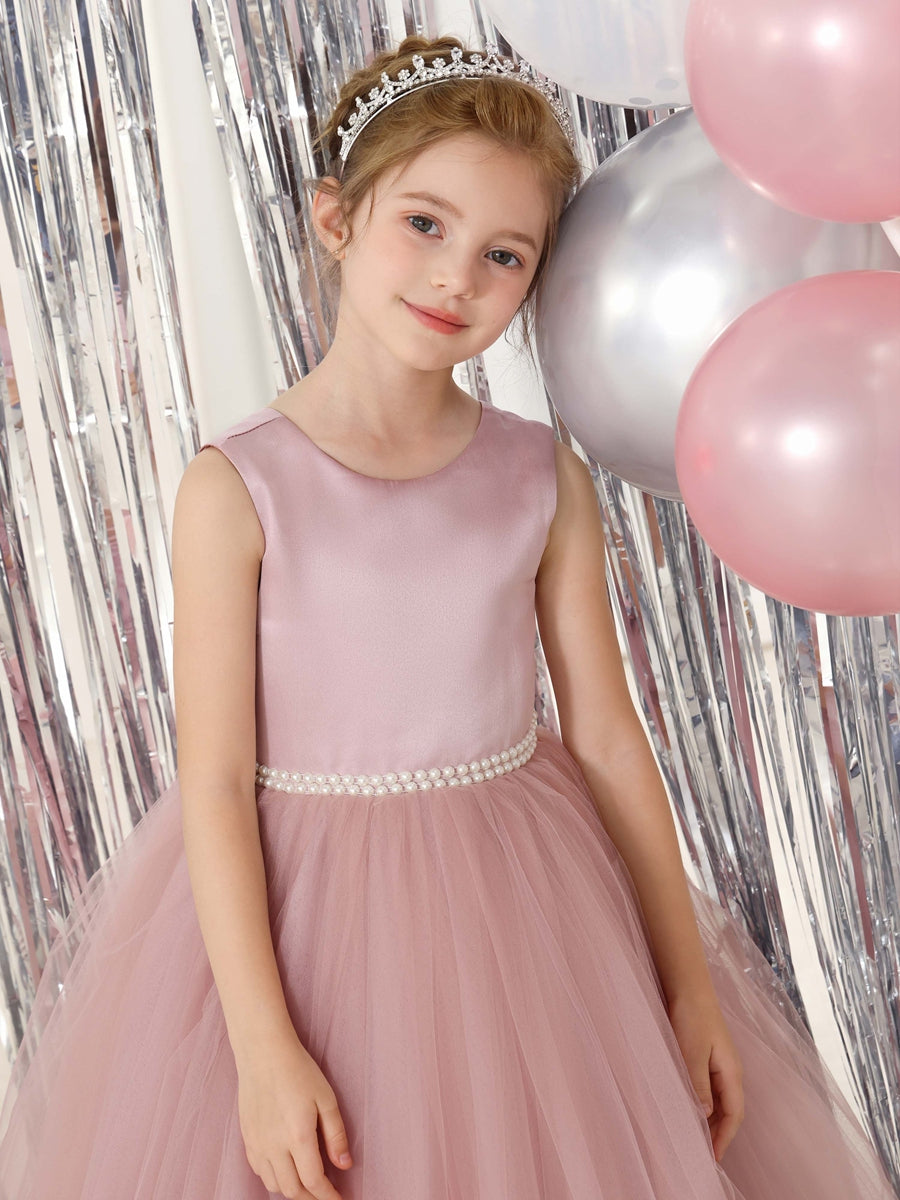 Ball-Gown Tulle Satin Sleeveless Scoop Neck Floor-Length Flower Girl Dresses