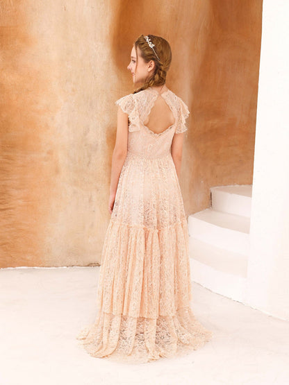 A-Line/Princess Lace Short Sleeves Scoop Neck Floor-Length Flower Girl Dresses