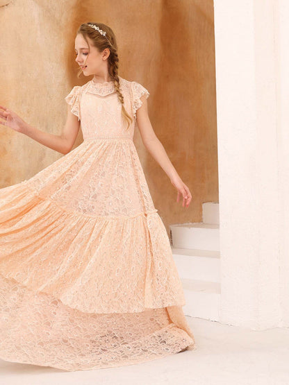 A-Line/Princess Lace Short Sleeves Scoop Neck Floor-Length Flower Girl Dresses