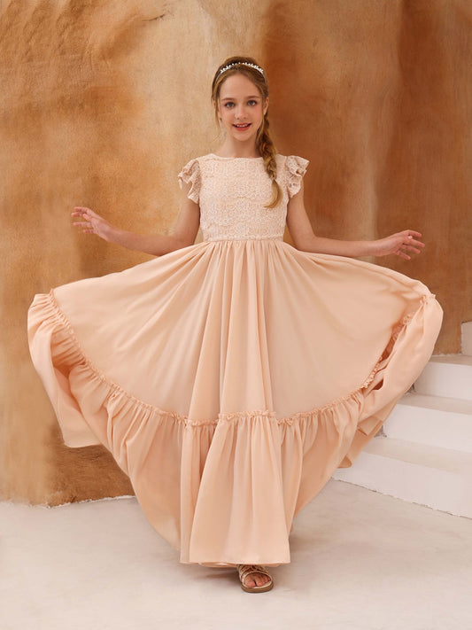 A-Line/Princess Lace Short Sleeves Scoop Neck Floor-Length Flower Girl Dresses