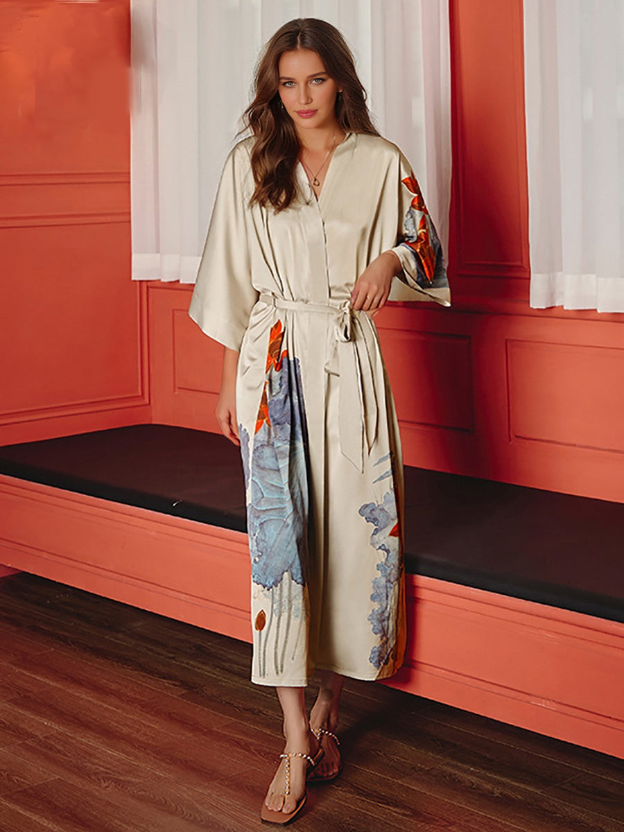Hand Painted Lotus Satin Tea-Length Long Women's Robes