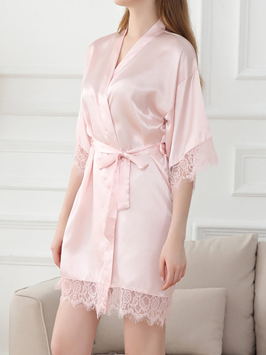 Silk Satin Short/Mini Solid Colour Bride Robes with Lace Trim