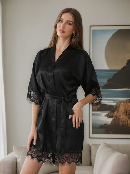 Silk Satin Short/Mini Solid Colour Bride Robes with Lace Trim