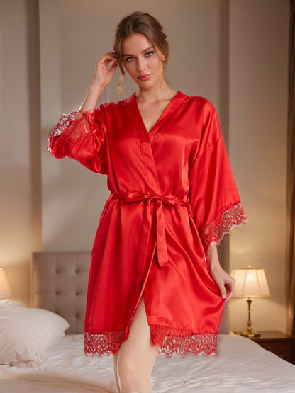 Silk Satin Short/Mini Solid Colour Bride Robes with Lace Trim