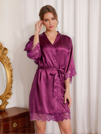 Silk Satin Short/Mini Solid Colour Bride Robes with Lace Trim