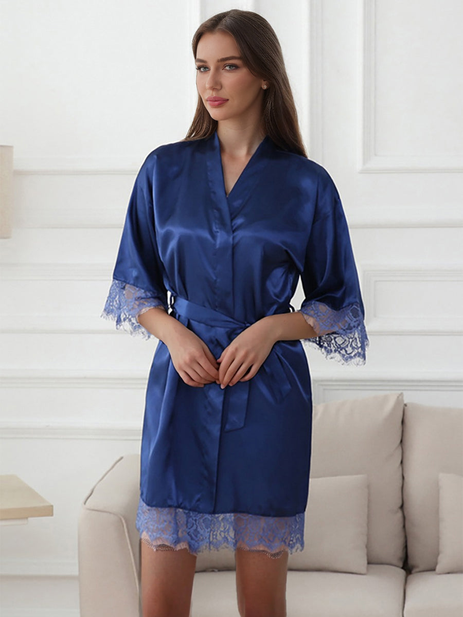 Silk Satin Short/Mini Solid Colour Bride Robes with Lace Trim