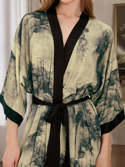 Hand Painted Ink Landscape 3/4 Sleeves Comfortable Women's Robes