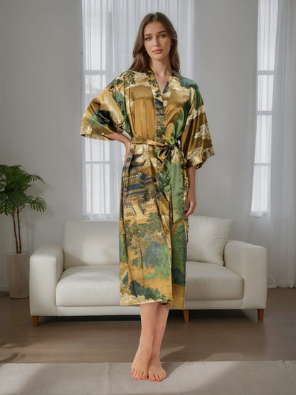 Brown Hand Painted Ink Landscape Printed Floral Women's Robes