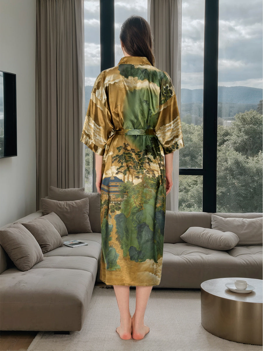 Brown Hand Painted Ink Landscape Printed Floral Women's Robes