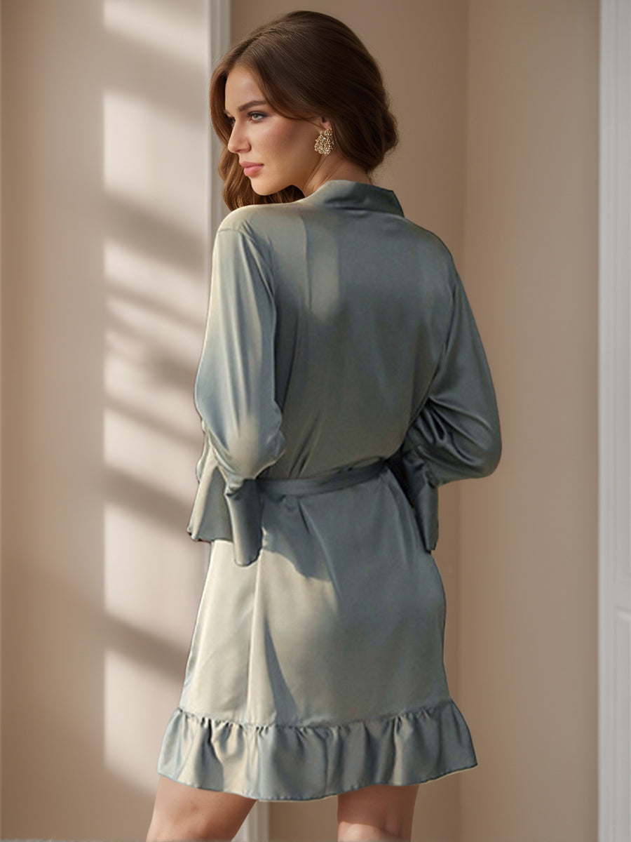 Solid Colour Sexy Silk Satin Short/Mini Women's Robes with Ruffles