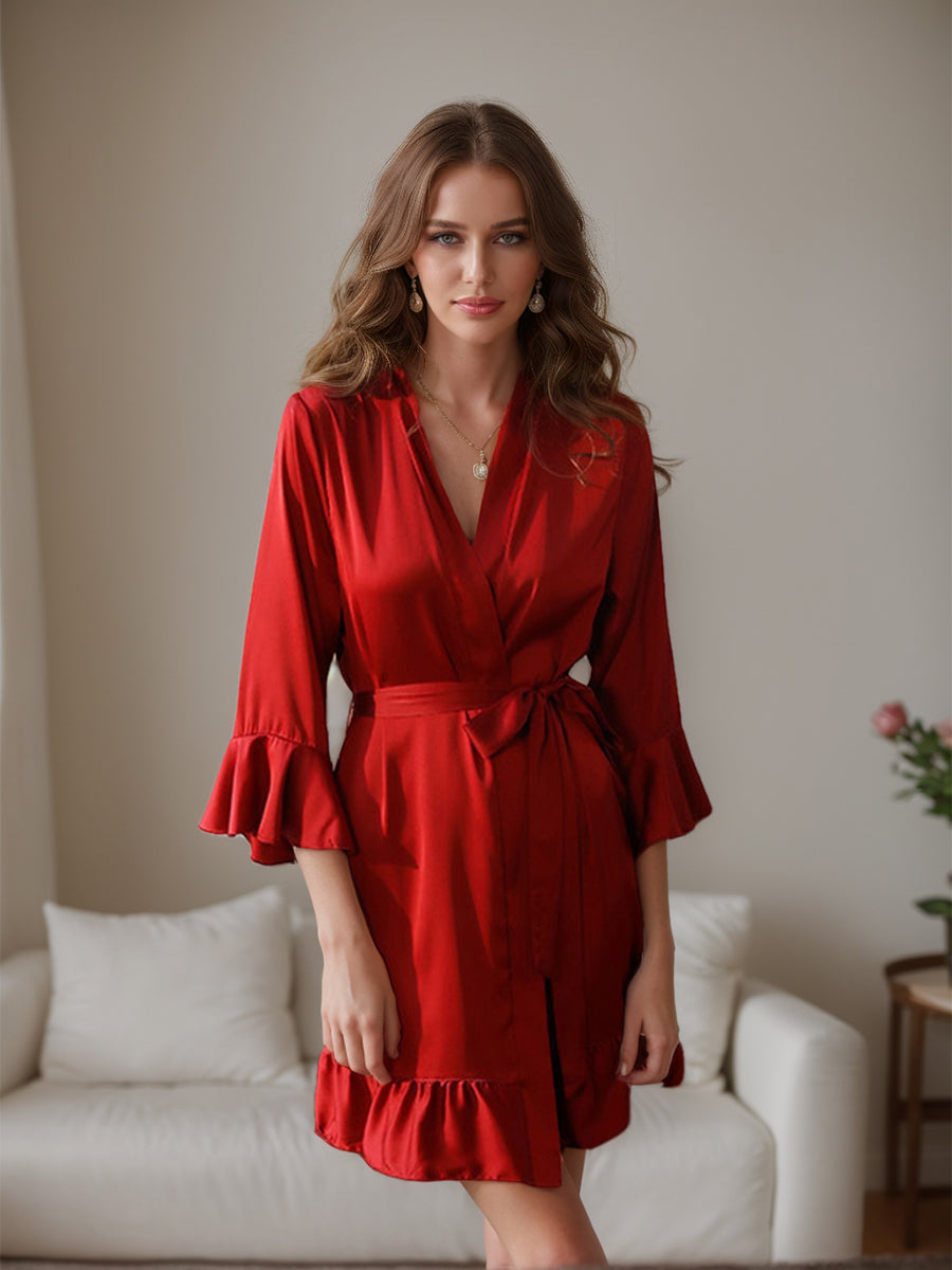 Solid Colour Sexy Silk Satin Short/Mini Women's Robes with Ruffles