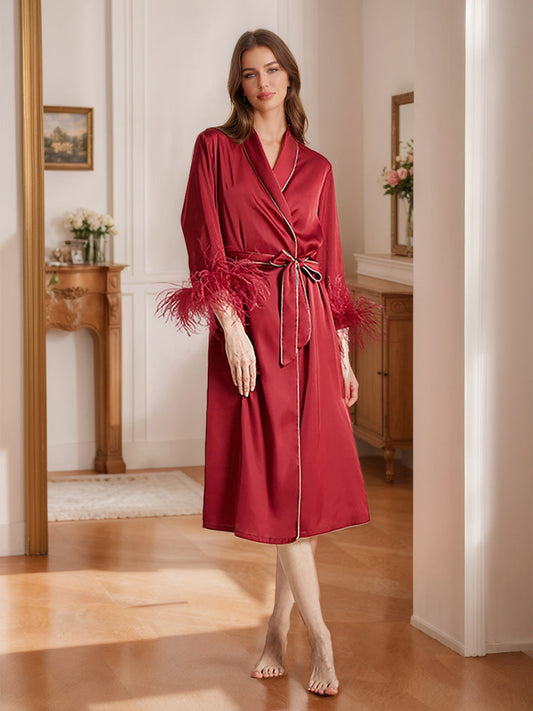 Wine Red Tea-Length High-End Women's Robes with Feather