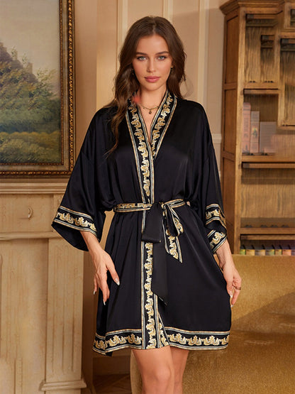 Black Contrast Placket Printed Floral Short/Mini Women's Robe