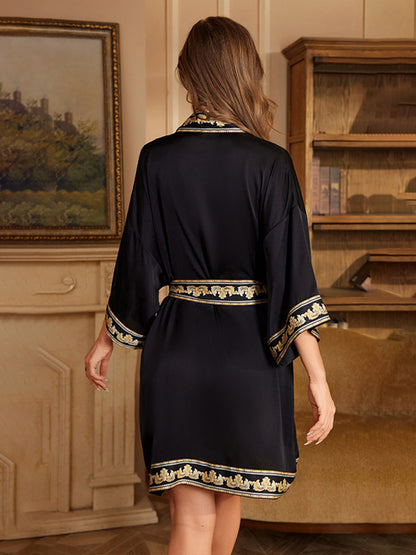 Black Contrast Placket Printed Floral Short/Mini Women's Robe