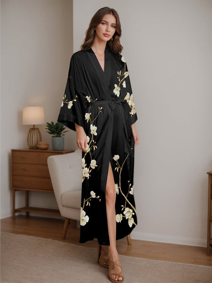 Black Printed Magnolia 3/4 Sleeves Long Women's Robe