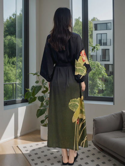 Green Printed Lotus 3/4 Sleeves Long Women's Robe