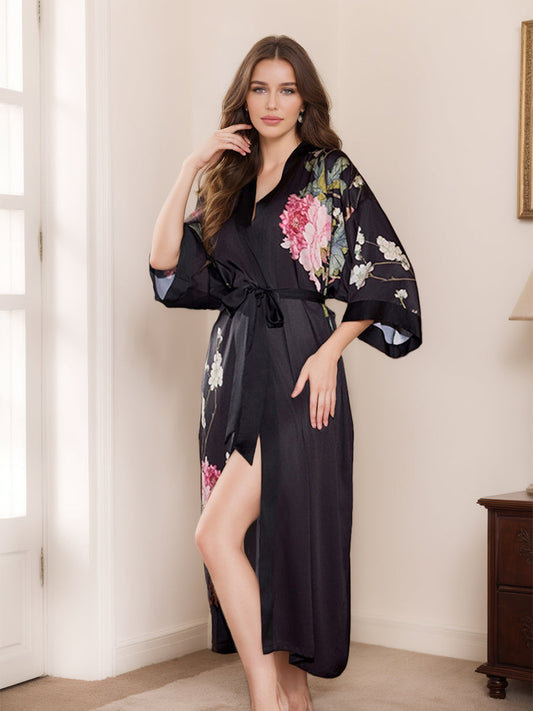 Women's Black Printed Peony 3/4 Sleeves Long Bride Robe