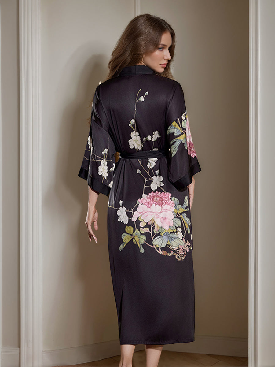 Women's Black Printed Peony 3/4 Sleeves Long Bride Robe