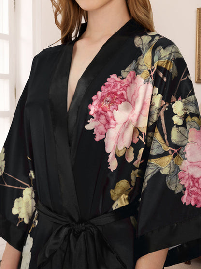 Women's Black Printed Peony 3/4 Sleeves Long Bride Robe