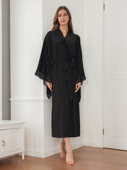 Luxurious Solid Coloured Long Women's Bridal Robe with Lace Trim