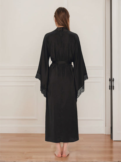 Luxurious Solid Coloured Long Women's Bridal Robe with Lace Trim