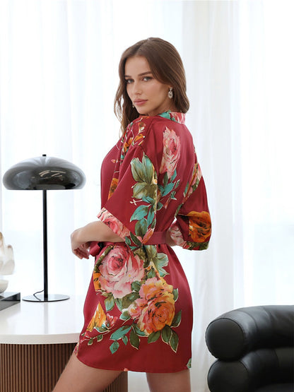 Red Printed Peony Half Sleeves Short Women's Bridesmaid Robes