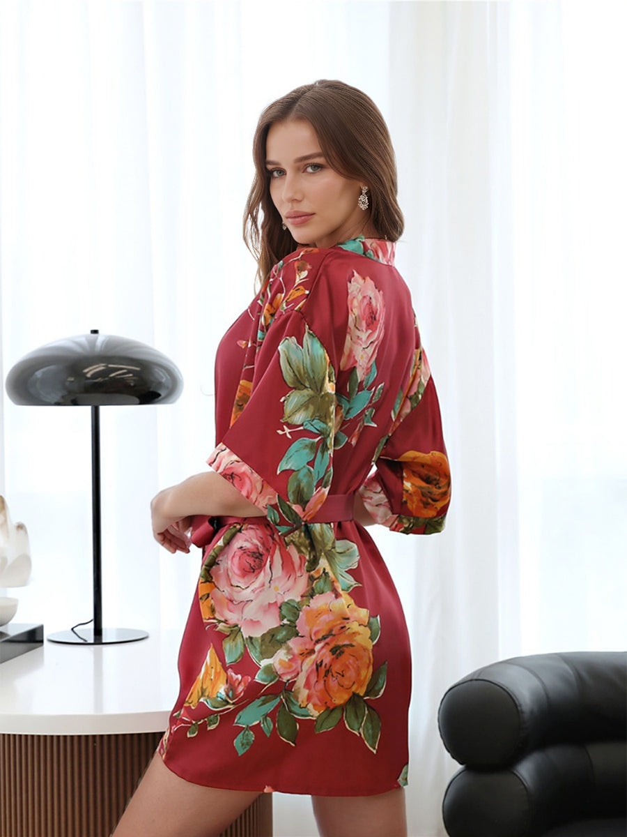 Red Printed Peony Half Sleeves Short Women's Bridesmaid Robes