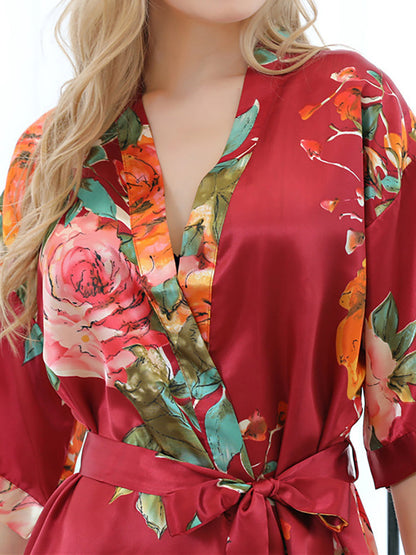 Red Printed Peony Half Sleeves Short Women's Bridesmaid Robes