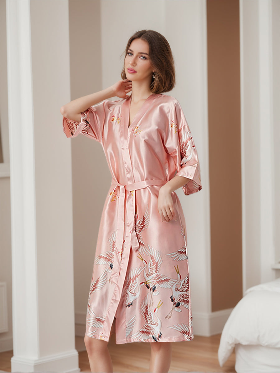 Women's Printed Cranes Half Sleeves Pink Bridal Robes