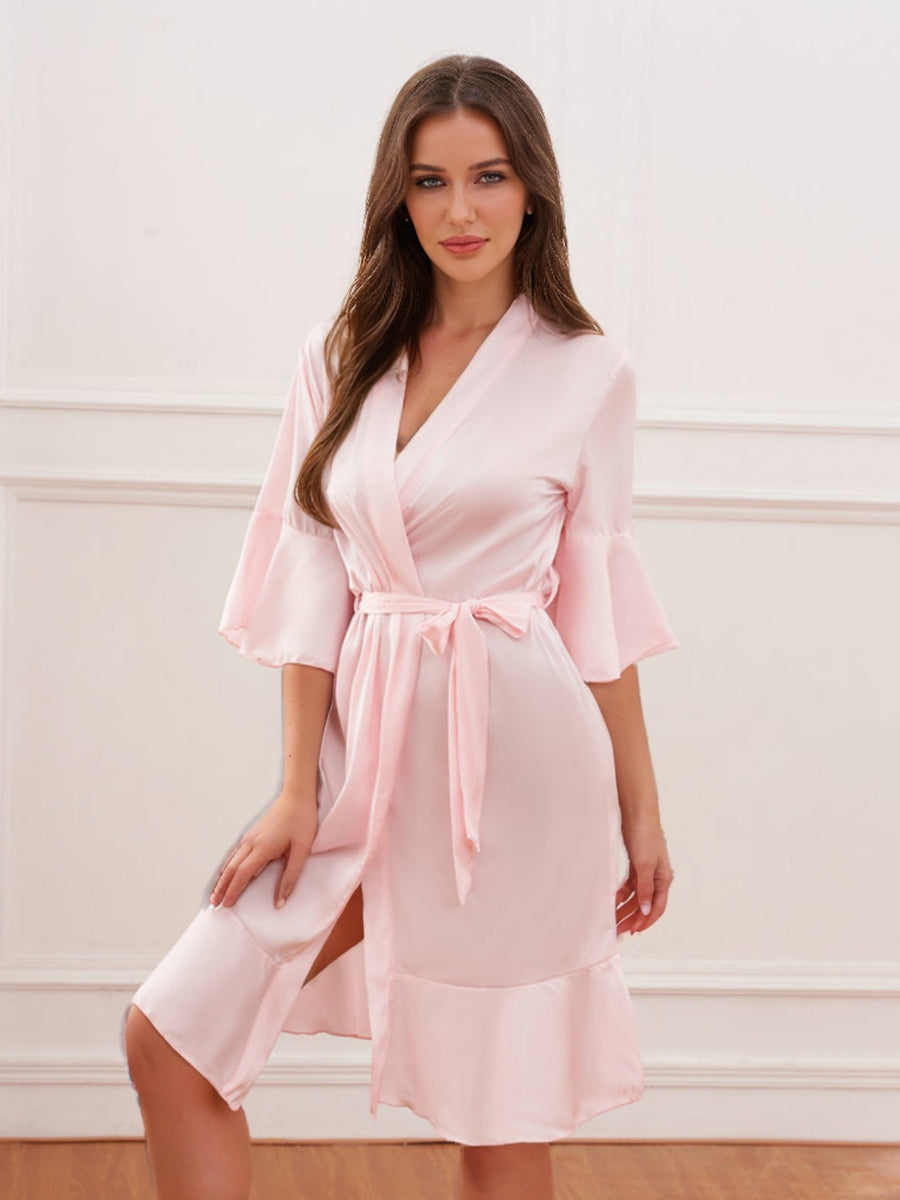 Women's V-Neck Half Sleeves Knee-Length Bridal Robes with Ruffles