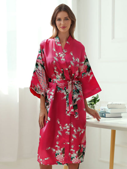 Women's 3/4 Sleeves Knee-Length Printed Peacock Bridesmaid Robes