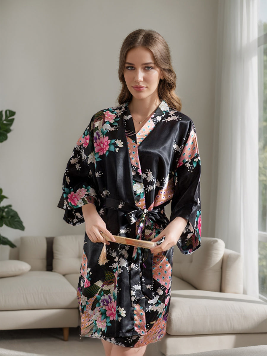 Black 3/4 Sleeves Knee-Length Printed Peacock Women's Robes
