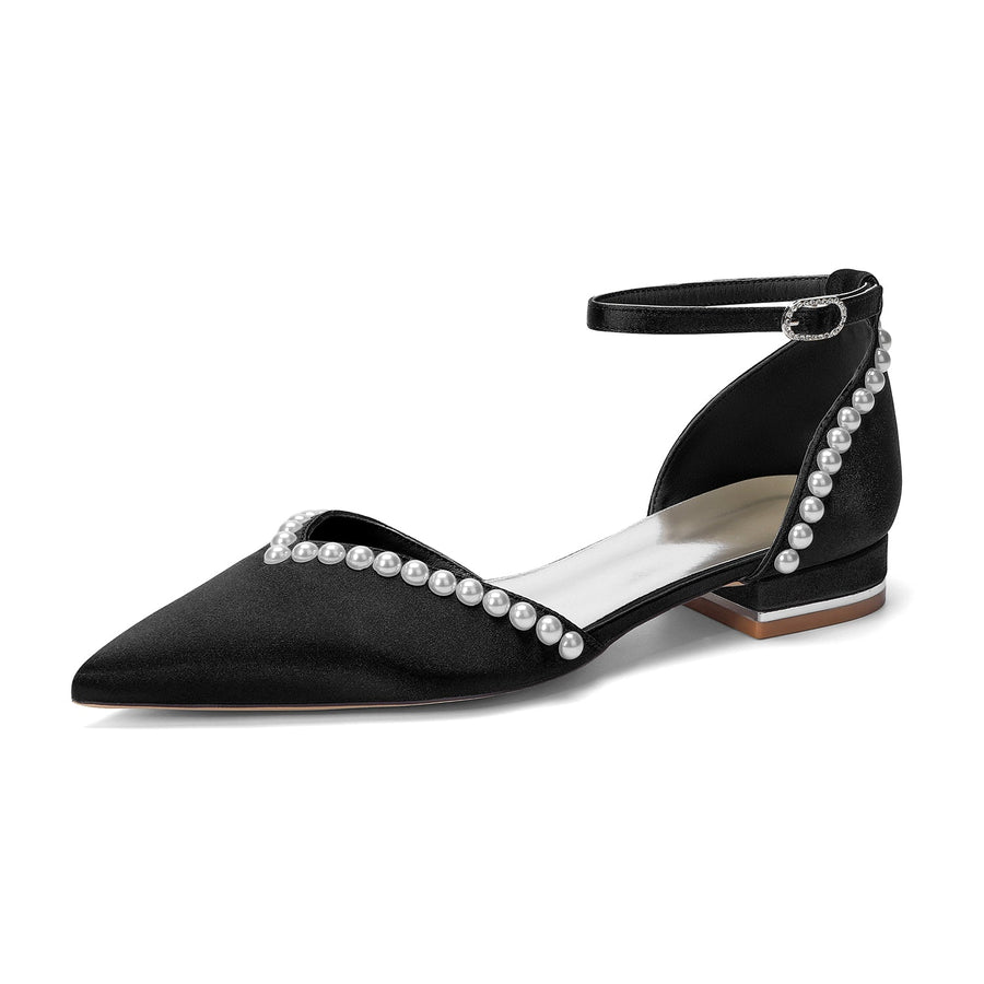 Women's Silk Satin With Pearl Ankle Strap Closed Toe Flat Heel Evening Shoes