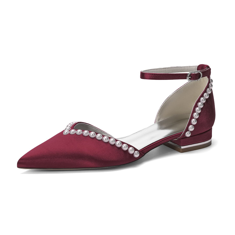 Women's Silk Satin With Pearl Ankle Strap Closed Toe Flat Heel Evening Shoes