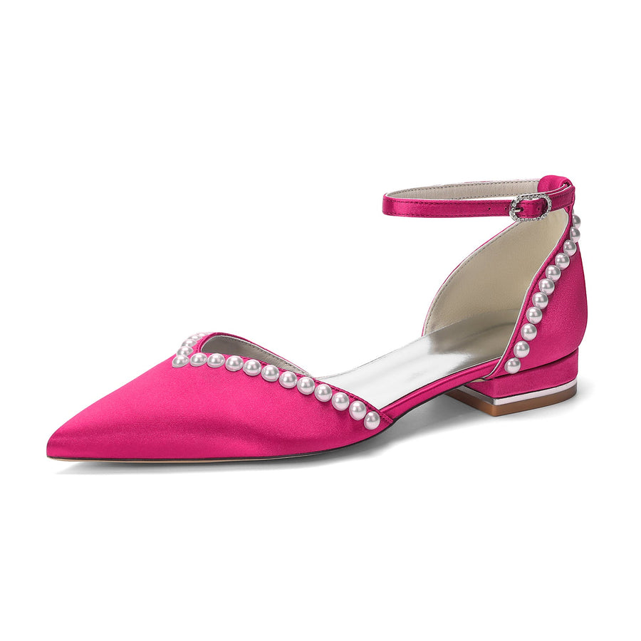 Women's Silk Satin With Pearl Ankle Strap Closed Toe Flat Heel Evening Shoes