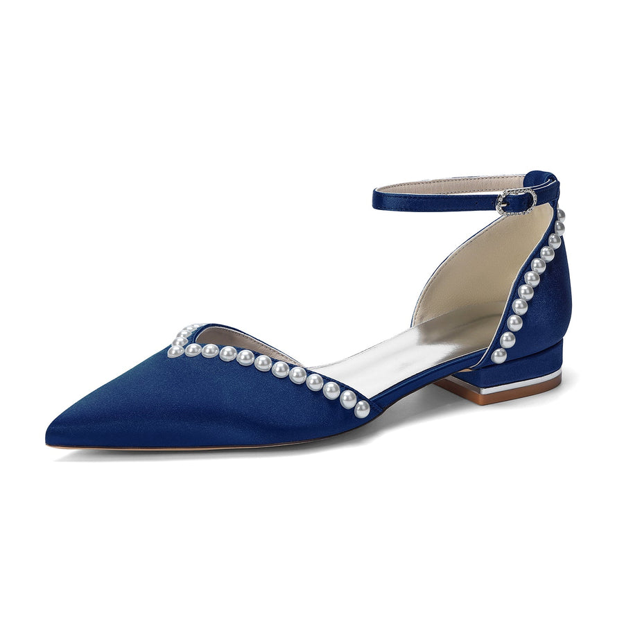 Women's Silk Satin With Pearl Ankle Strap Closed Toe Flat Heel Evening Shoes