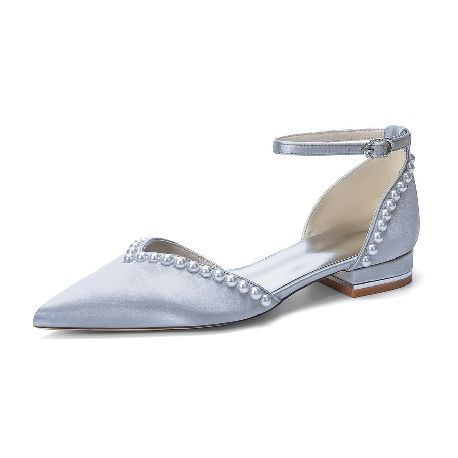 Women's Silk Satin With Pearl Ankle Strap Closed Toe Flat Heel Evening Shoes