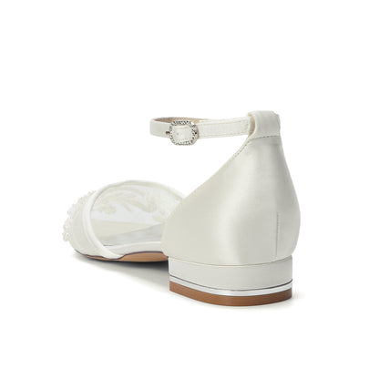 Women's Lace Silk Satin With Ankle Strap Closed Toe Flat Heel Evening Shoes