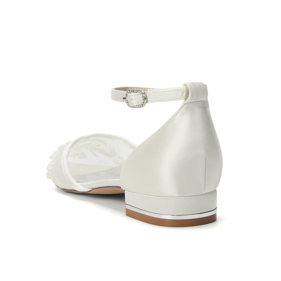 Women's Lace Silk Satin With Ankle Strap Closed Toe Flat Heel Evening Shoes