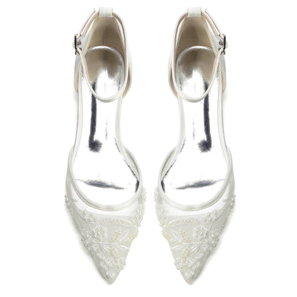 Women's Lace Silk Satin With Ankle Strap Closed Toe Flat Heel Evening Shoes