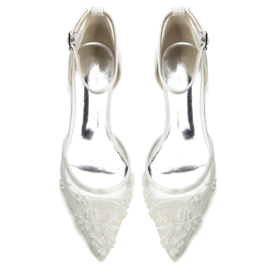 Women's Lace Silk Satin With Ankle Strap Closed Toe Flat Heel Evening Shoes