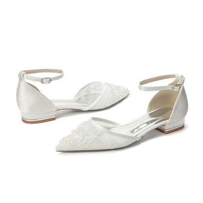 Women's Lace Silk Satin With Ankle Strap Closed Toe Flat Heel Evening Shoes