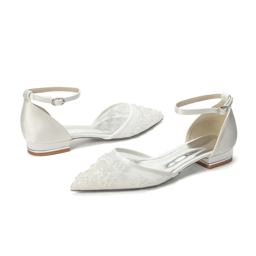Women's Lace Silk Satin With Ankle Strap Closed Toe Flat Heel Evening Shoes