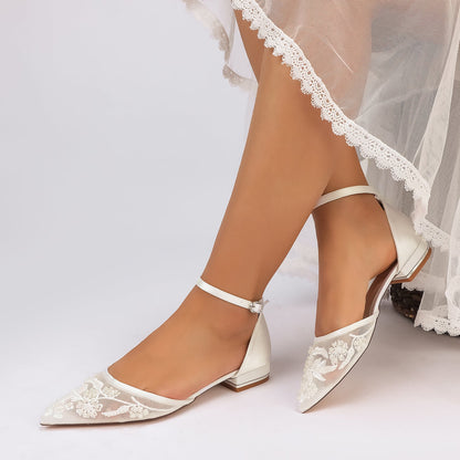 Women's Lace Silk Satin With Ankle Strap Closed Toe Flat Heel Evening Shoes